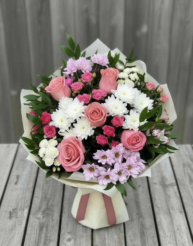 Букет цветов из: Альстромерии, Гвоздики, Розы и Хризантемы в Пречистое
